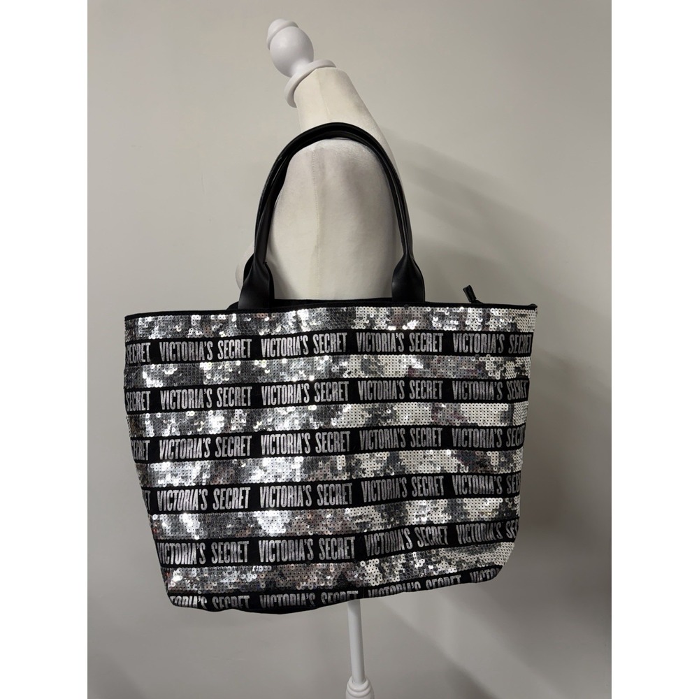 Vtg Victorias Secret Black Silver Sequin LTD Edition Lg Tote Weekend Beach Bag